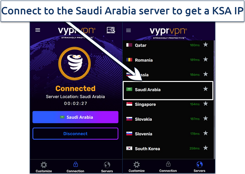 A screenshot showing how to find the KSA server from the VyprVPN list of servers