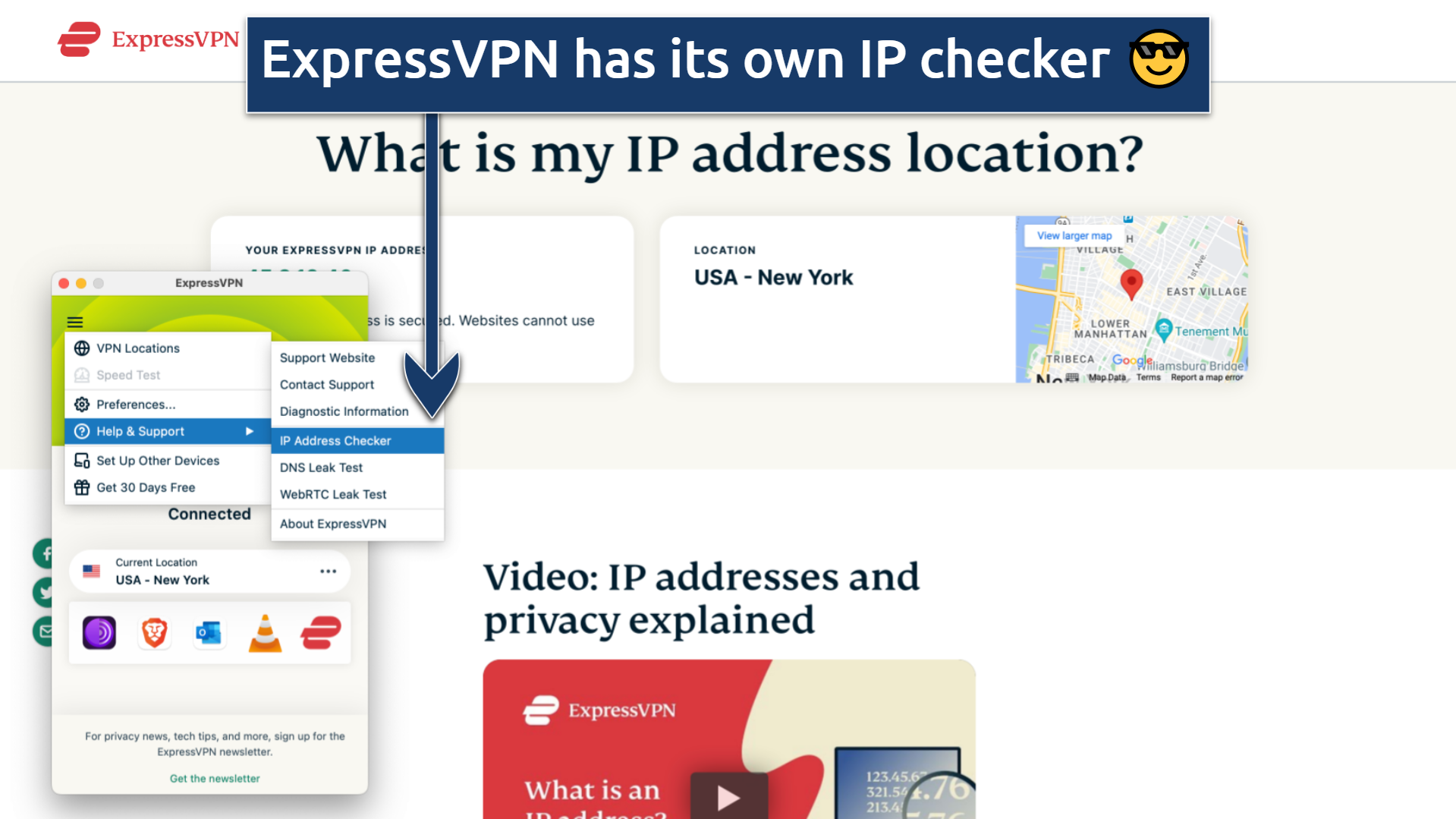 Screenshot of the ExpressVPN app over the IP Address Checker data on the ExpressVPN website