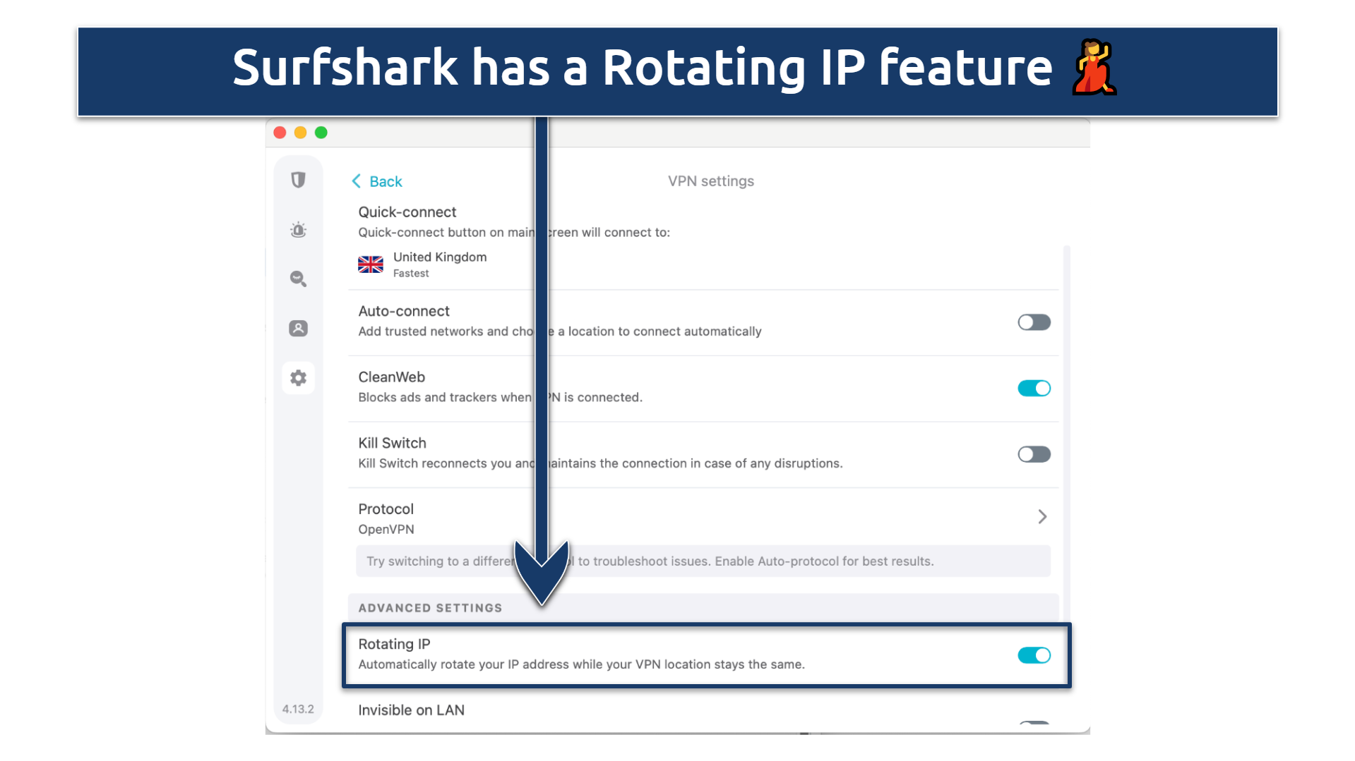 Screenshot of Surfshark's Settings menus with the Rotating IP feature highlighted