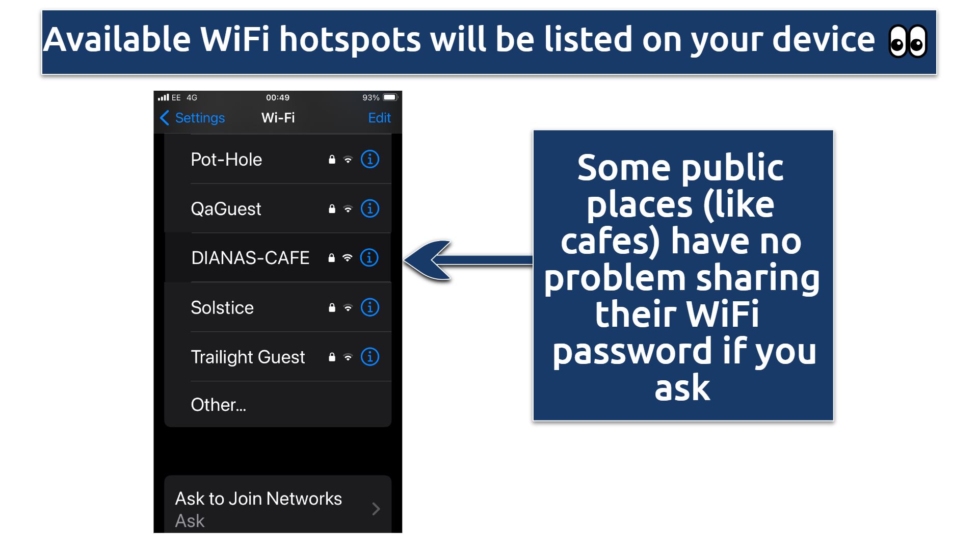 Screenshot showing the available WiFi hotspots on an iPhone