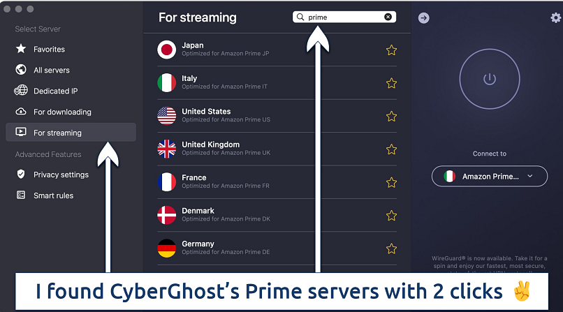 Screenshot showing how to locate CyberGhost's Prime Video servers