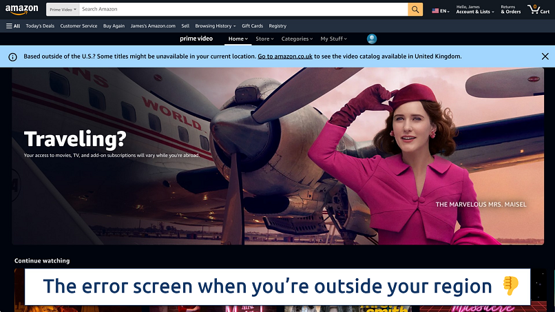 Screenshot showing the error screen when you're outside your regular Amazon region