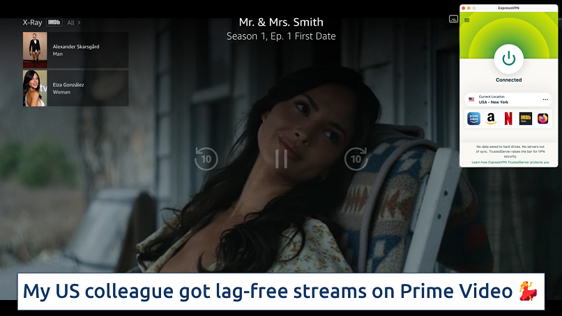 Screenshot showing the ExpressVPN app connected to a server in New York over a browser streaming on Prime Video