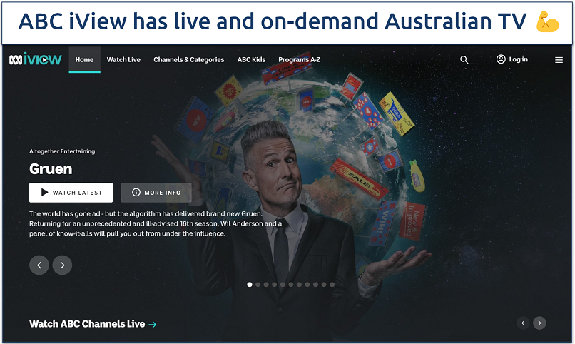 A screenshot of the ABC iView website home page