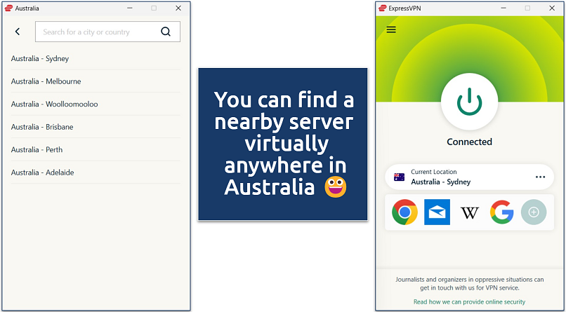 A screenshot of the ExpressVPN app while connected to the Australia - Sydney servers as well as a list of its 6 Australia server locations