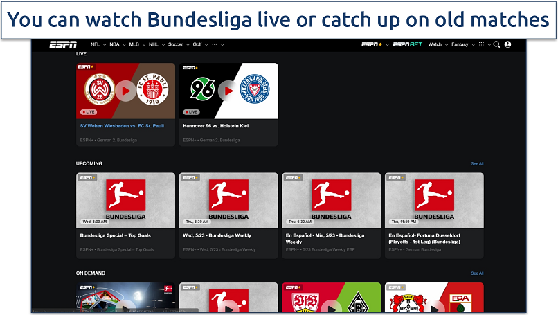 Screenshot of ESPN+ Bundesliga matches