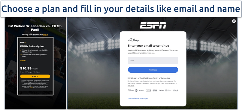 Screenshot of ESPN+ plan and account creation page