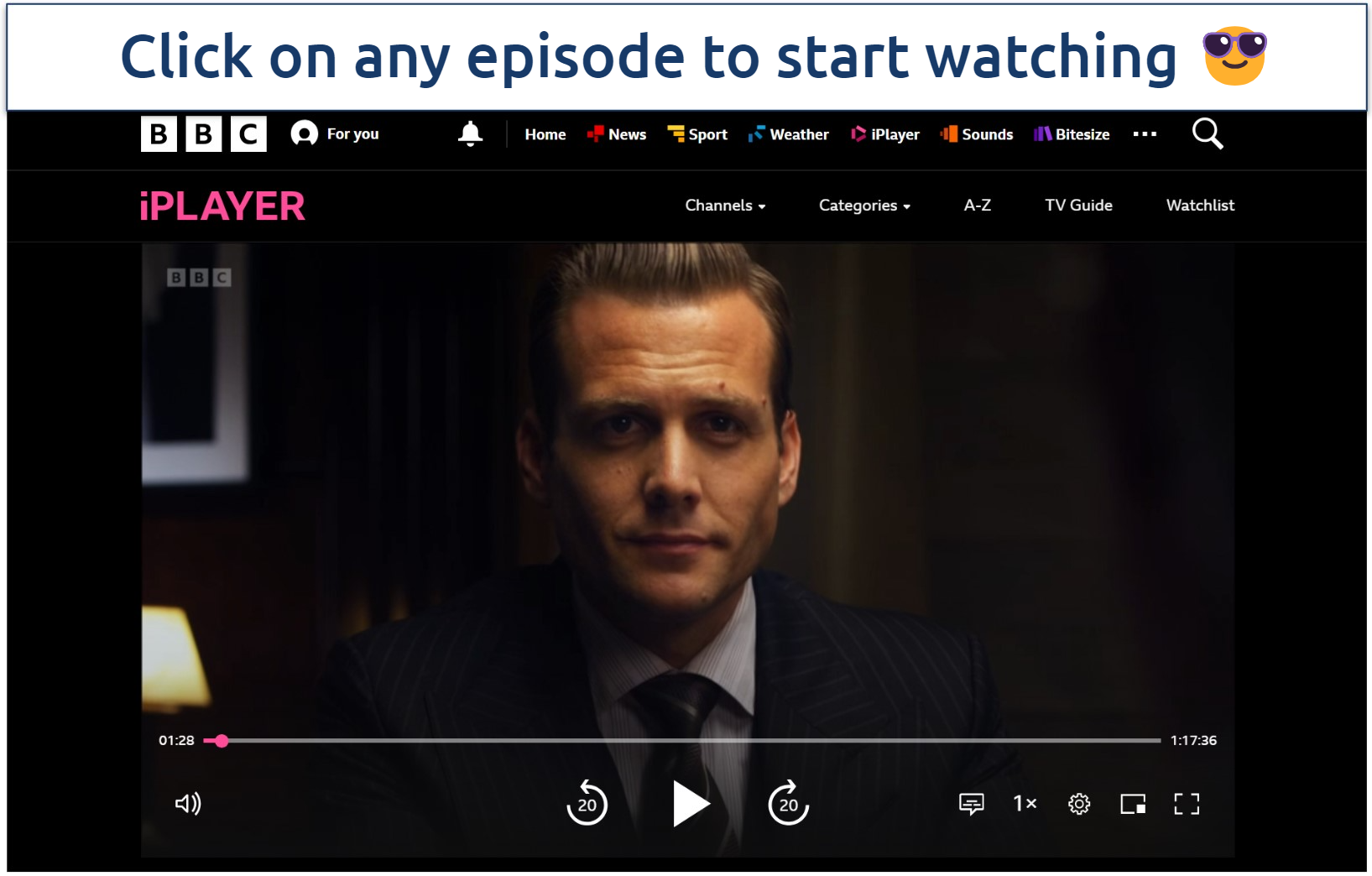 A screenshot of the the BBC iPlayer catalog showing the Suits thumbnail.