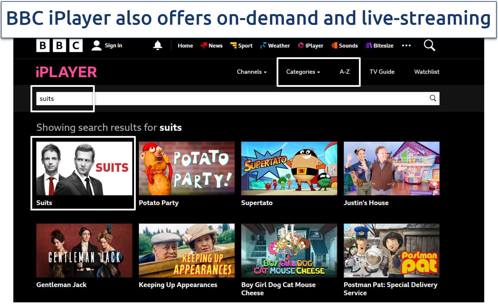 A screenshot of the BBC iPlayer catalog showing the Suits thumbnail.