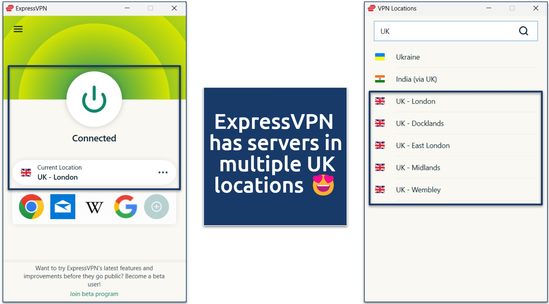 A screenshot of the ExpressVPN app while connected to the UK - London servers as well as a list of its 5 UK server locations.