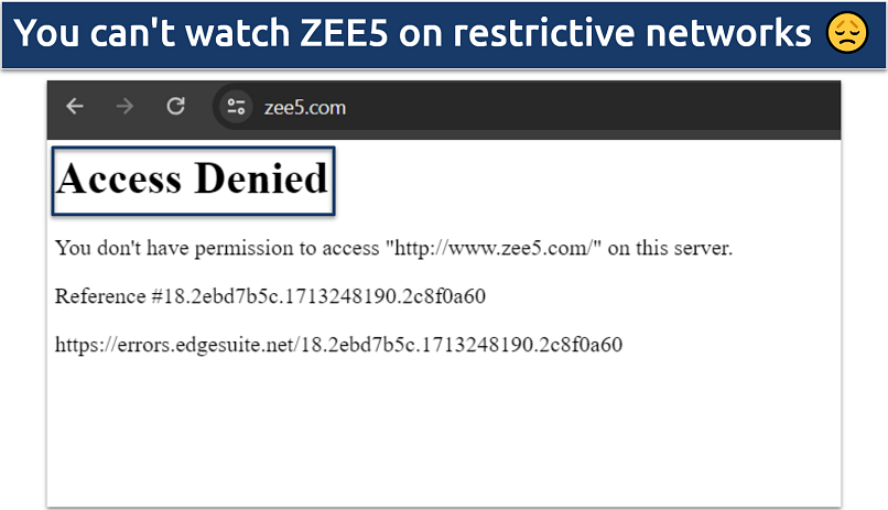 Screenshot showing ZEE5 site inaccessible