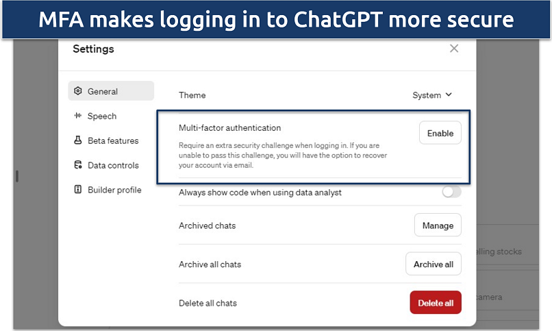 Screenshot of multi-factor authentication settings on ChatGPT