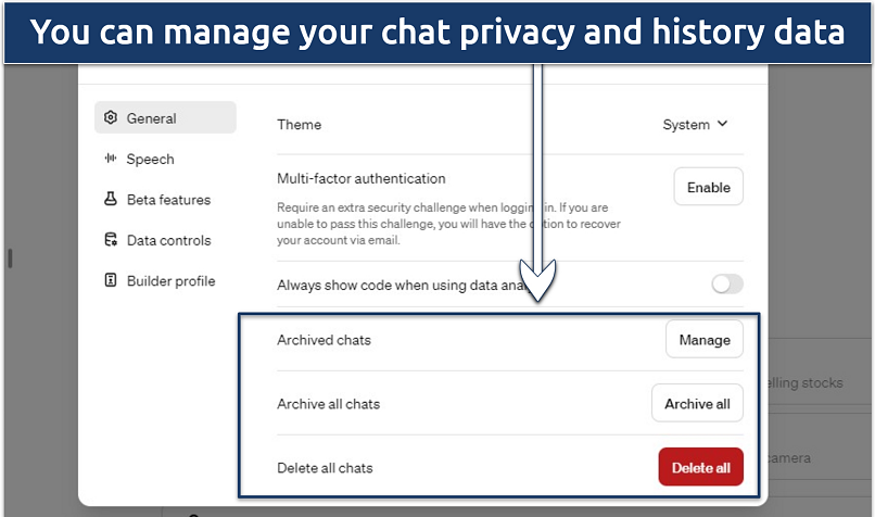 Screenshot of ChatGPT's chat history management features