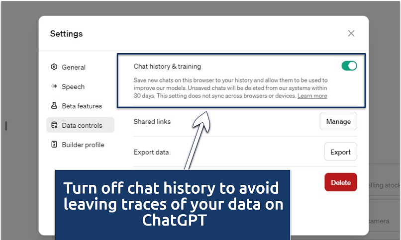 Screenshot of ChatGPT's chat history & training feature turned on