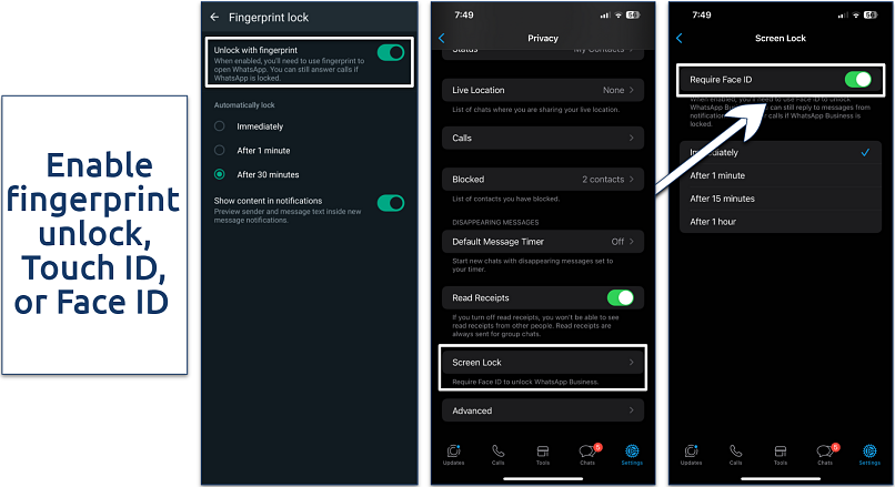 Screenshot of WhatsApp Fingerprint lock and Screen Lock settings panel