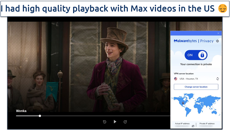 Screenshot of Max player streaming Wonka while connected to Malwarebytes Privacy VPN's Houston server