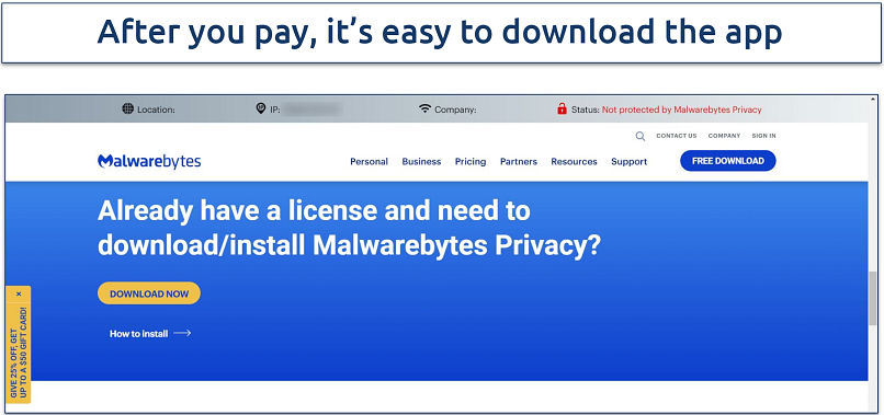 Screenshot of Malwarebytes Privacy VPN's download page for Windows 
