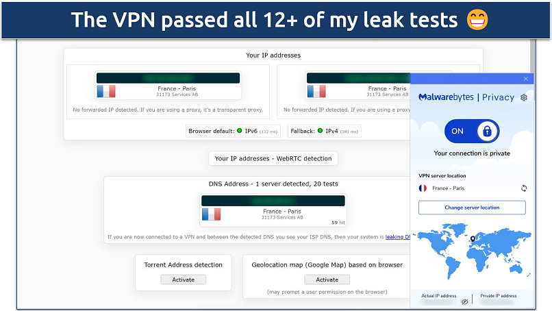 Screenshot of Malwarebytes Privacy VPN connected to Paris server while leak tests were performed on ipleak.net 