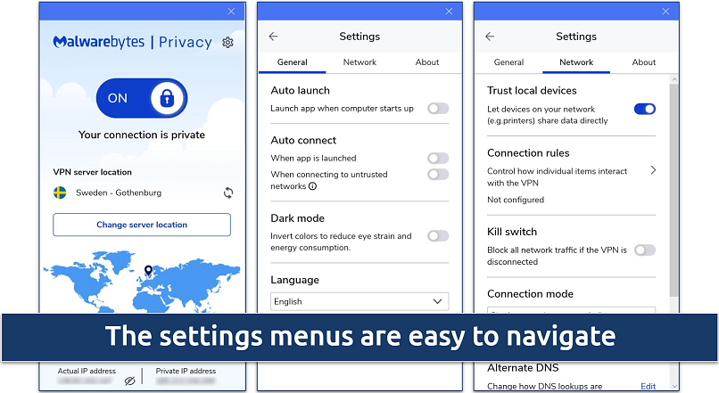 Screenshot of Malwarebyte Privacy's Windows App displaying the settings menus 