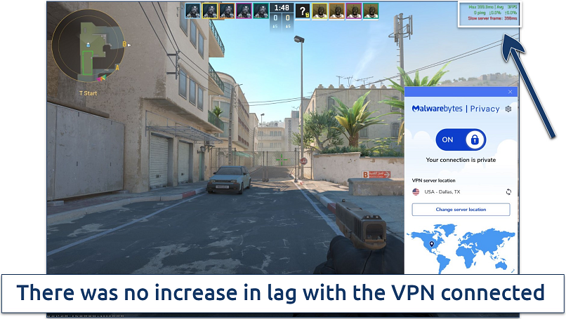 Screenshot of Counter Strike 2 being played while connected to Malwarebytes Privacy VPN's Dallas server 
