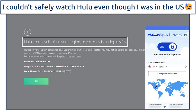 Screenshot of Hulu page displaying an error screen while connected to Malwarebytes Privacy's Dallas server 