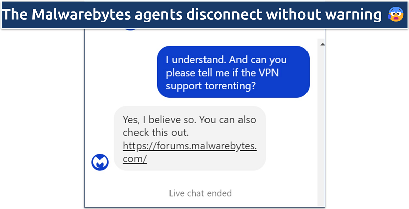 Screenshot of a conversation with Malwarebytes' support staff via live chat where exit without warning 