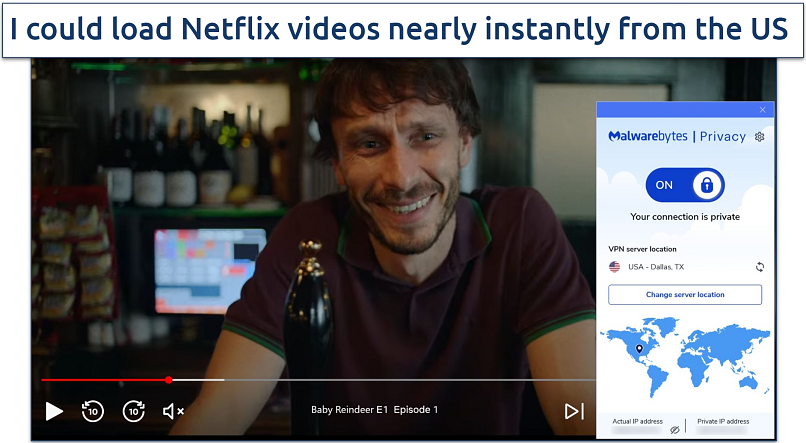 Screenshot of Netflix player streaming Baby Reindeer while connected to Malwarebytes Privacy VPN's Dallas server
