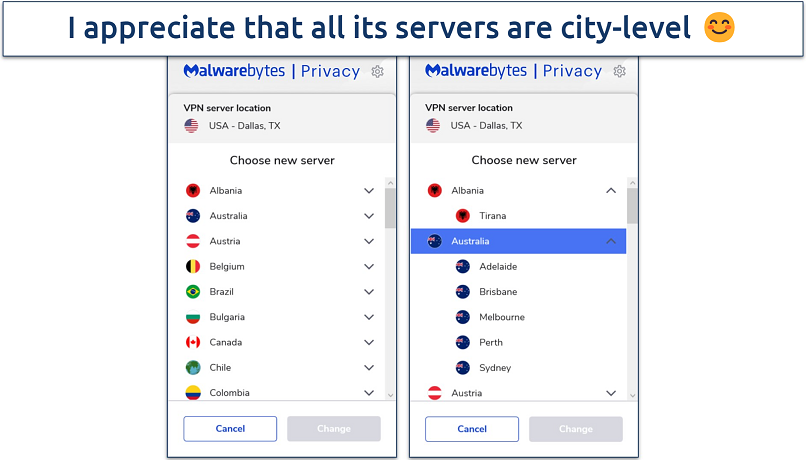 Screenshot of Malwarebytes Windows App highlighting the server list 