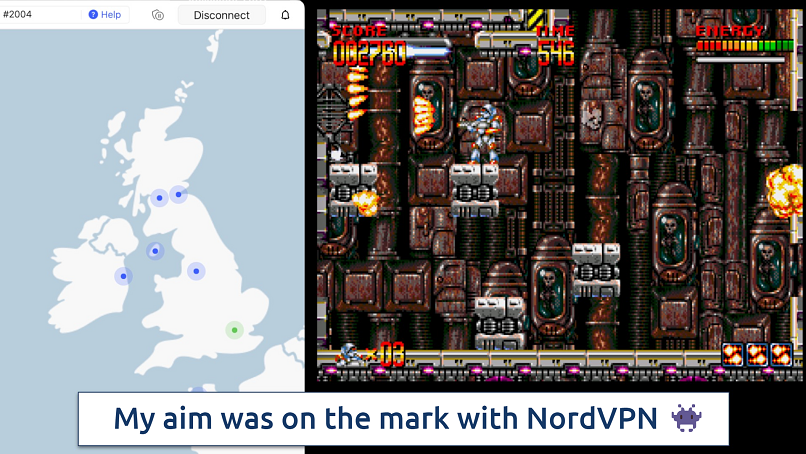 The NordVPN app connected to a UK server over a retro game
