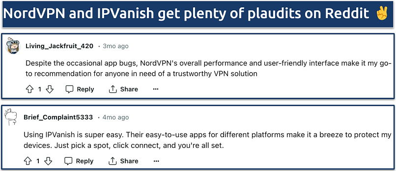 Screenshot of praise for NordVPN and IPVanish on Reddit