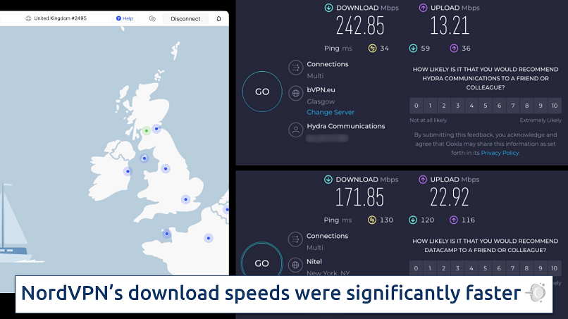 NordVPN's app connected to a UK server over an online speed test