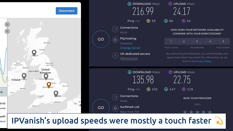 The IPVanish app connected to a UK server over an online speed test