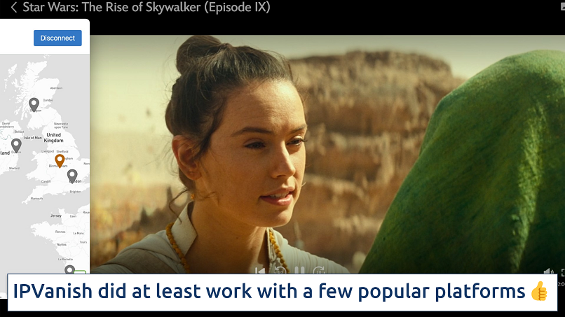 The IPVanish app connected to a UK server over Star Wars streaming on Disney+