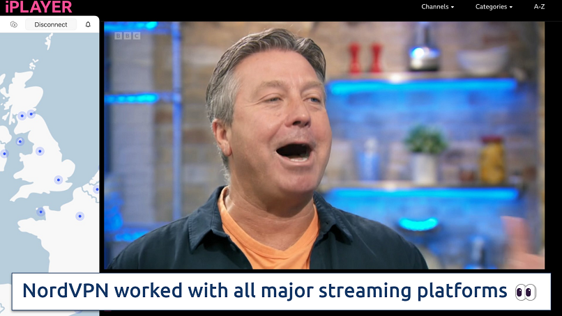 NordVPN's app connected to a UK server streaming over MasterChef on BBC iPlayer