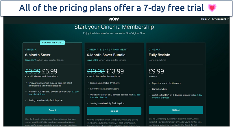 Screenshot of NOW TV pricing plans showing