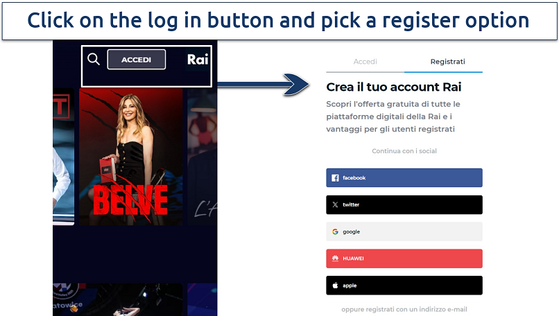 Screenshot of Rai Play platform's log in and register options