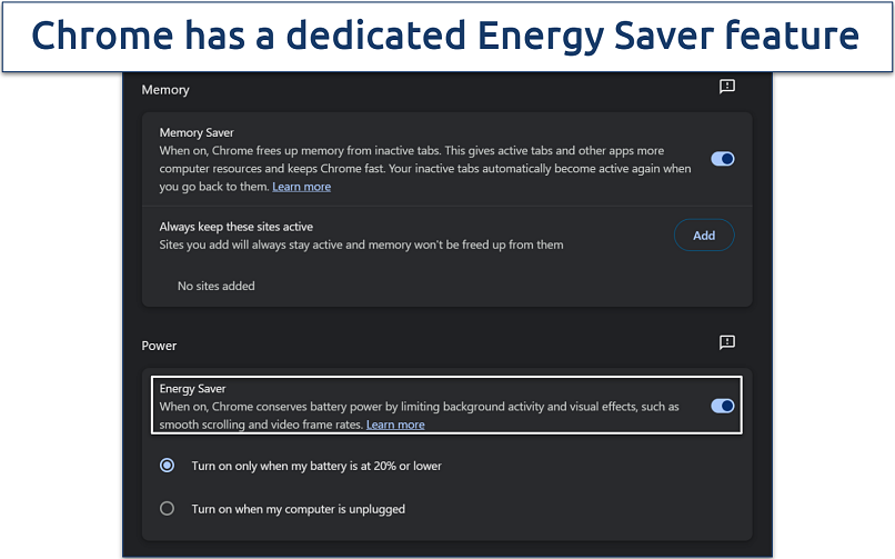 Screenshot of Chrome Energy Saver feature