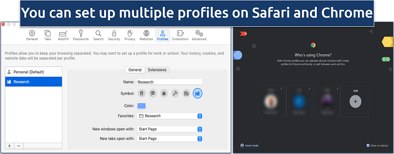 Screenshot of Chrome and Safari profile settings