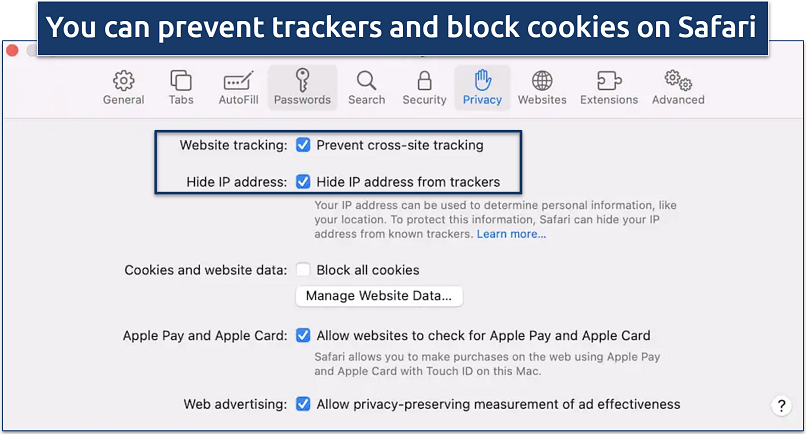 Screenshot of Safari Privacy settings panel