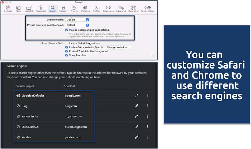 Screenshot of Chrome and Safari search engine settings