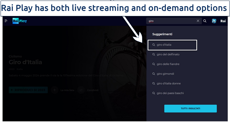 Screenshot of Rai Play platform's search bar, with Giro D'Italia visible