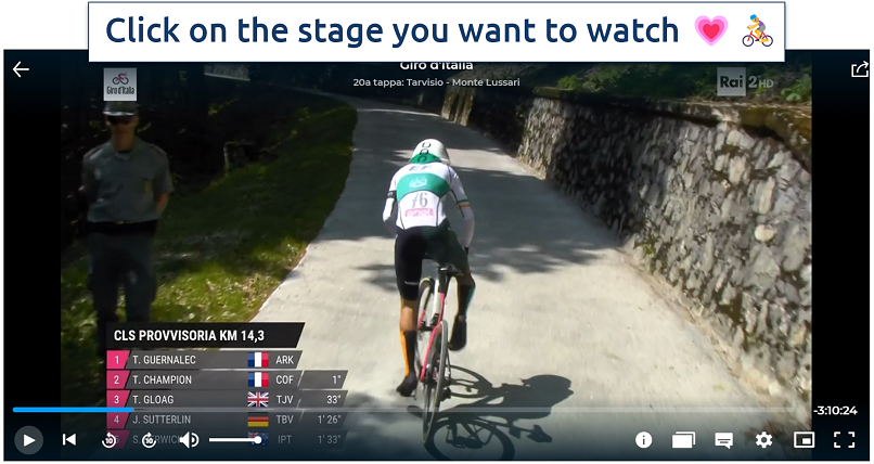 Screenshot of Giro D'Italia stream on Rai Play