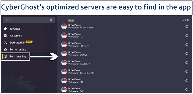 Screenshot of CyberGhost's optimized servers in the app