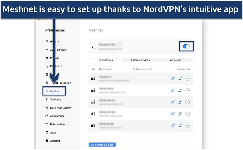 Screenshot of NordVPN's Meshnet feature in macOS app