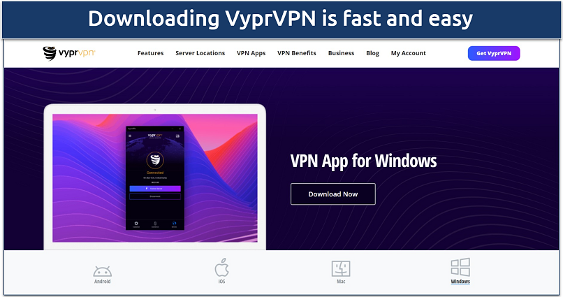 Screenshot of VyprVPN's download page for the Windows app 