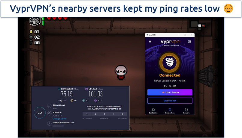 Screenshot of Steam player running The Binding of Isaac while connected to VyprVPN's Austin server 