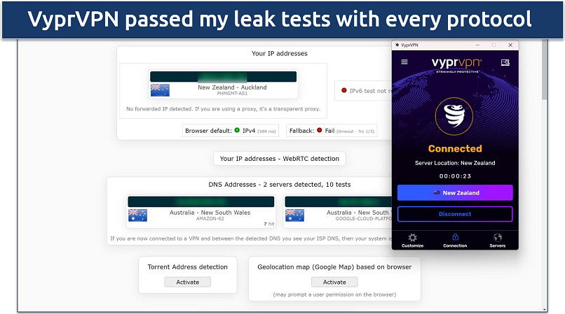 Screenshot of a leak test done on ipleak.net while connected to VyprVPN's New Zealand server 