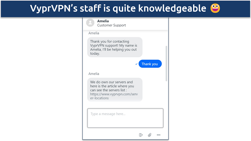 Screenshot of a live chat conversation with a VyprVPN agent where they verify it owns all its servers 