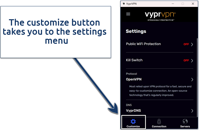 Screenshot of the VyprVPN Windows app showing how to access the settings menu