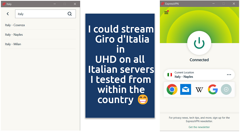 Screenshot of ExpressVPN app, showing Italian servers and connected to a Naples server